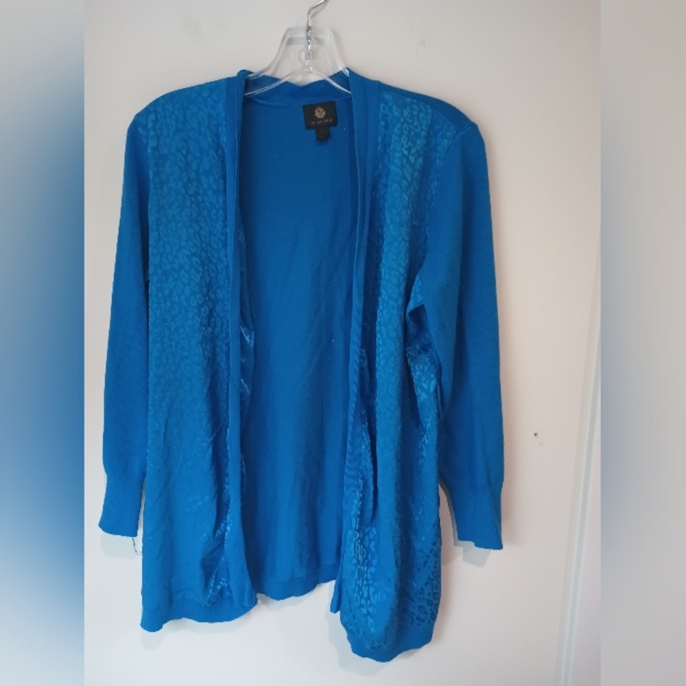 JM Collection Blue Leopard Cardigan Small Open Front Mixed Media Animal Print